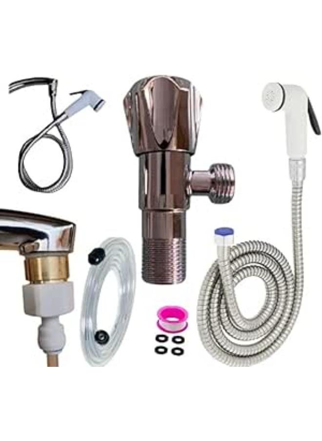 Shams Bathroom bidet set consisting of an angle valve, a 1.5-meter nickel hose, a bidet handle, and an additional 5-meter hose. Works with any water source. Brass adapter works with the mixer bridge.  - Image 1