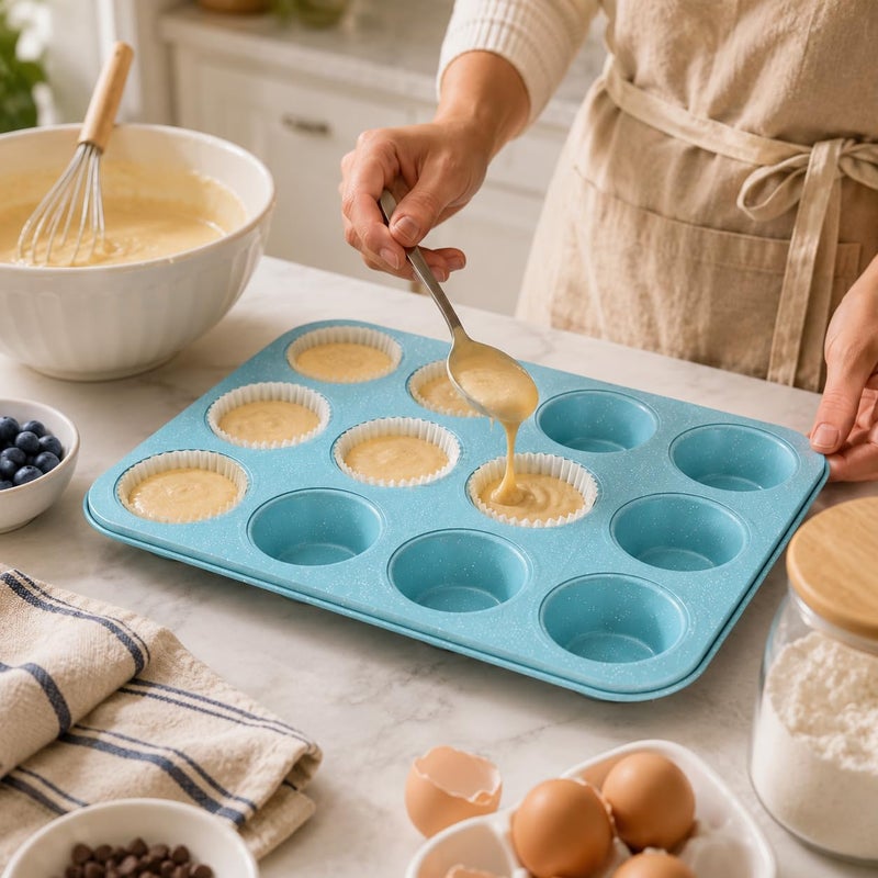 Cake Molds Non Stick Reusable Muffin Cupcake Baking Pan of 12 Cup, Non-Stick Round Cupcake and Cheesecake Pan, Essential Cooking Tool for Perfect Muffins Every Time (Blue) - Image 5