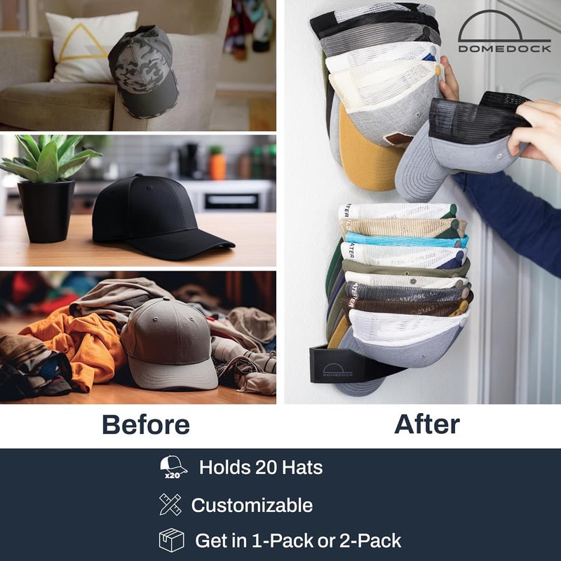 Dome Dock The Original USA-Made Hat Rack and Compact Hat Organizer for Wall Installation, 20 Hat Capacity, Black (2 Pack) - Image 2
