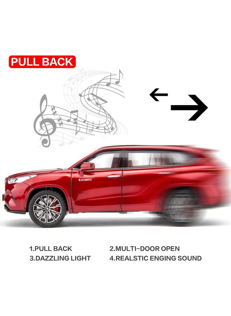 داي كاست 1:24 متوافقة مع لعبة سيارة تويوتا هايلاندر النموذجية، سيارة لعبة من سبائك الزنك قابلة للسحب للخلف مع صوت وإضاءة للأطفال والكبار (أحمر) - Image 3
