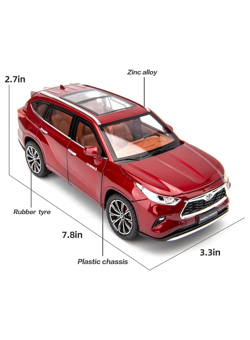 داي كاست 1:24 متوافقة مع لعبة سيارة تويوتا هايلاندر النموذجية، سيارة لعبة من سبائك الزنك قابلة للسحب للخلف مع صوت وإضاءة للأطفال والكبار (أحمر) - Image 5