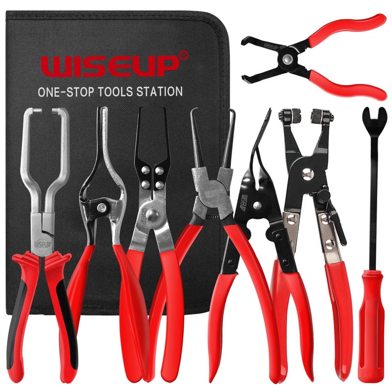 WISEUP 8-Piece Fuel Line Disconnect Tool Set â€“ Fuel Line/Hose Clamp/Removal Pliers, Electrical Disconnect/Push Pin Tools, Relay Puller, Panel Clip Remover & Filter Caliper - Image 1