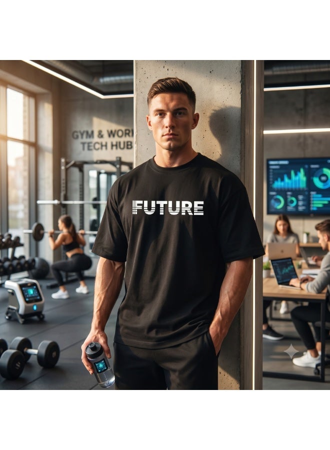 Future Men's Oversized T-Shirt - Relaxed Fit Casual Short Sleeve Crew Neck Tee - Black - Image 3