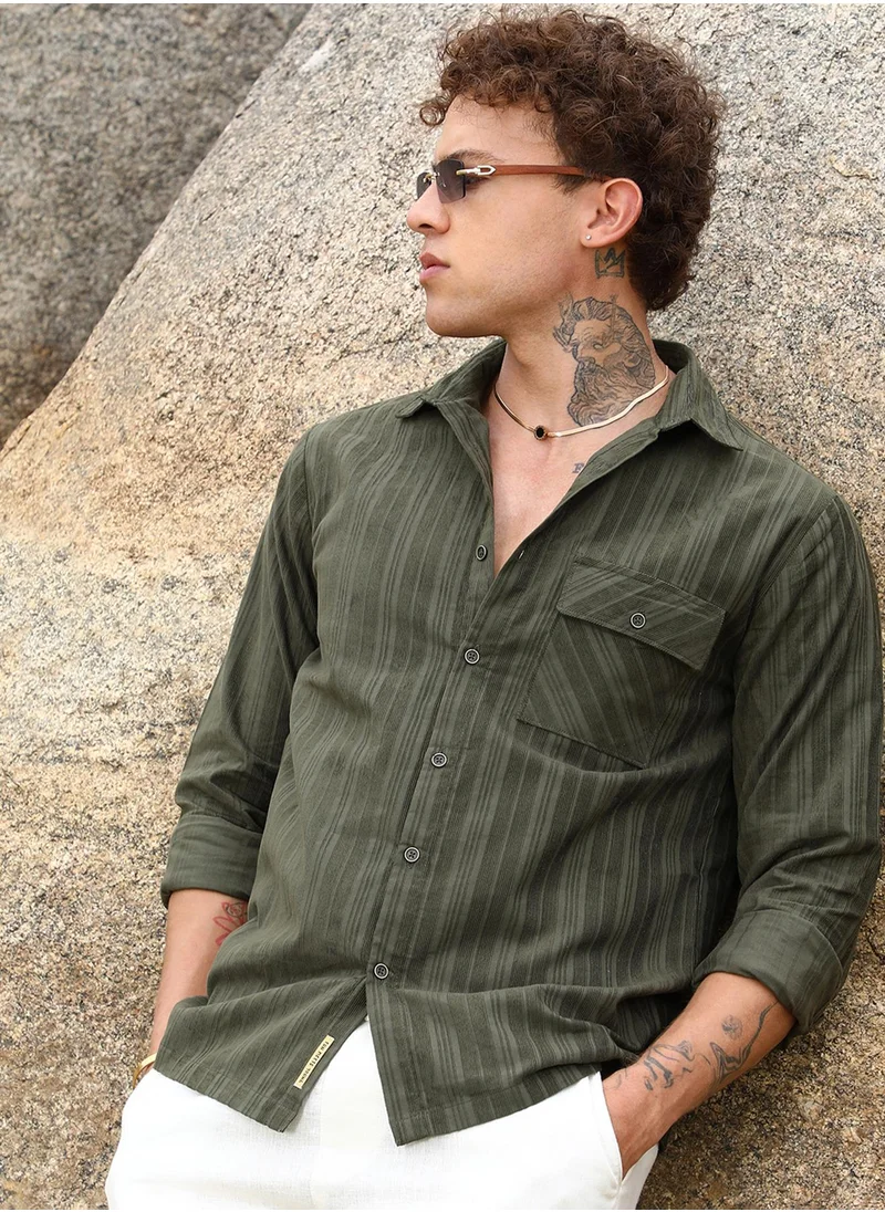 كامبوس سوترا Campus Sutra Men's Fern Green Multitrack-Striped Shirt For Casual Wear | Spread Collar | Long Sleeve | Button Closure | Shirt Crafted With Comfort Fit For Everyday Wear