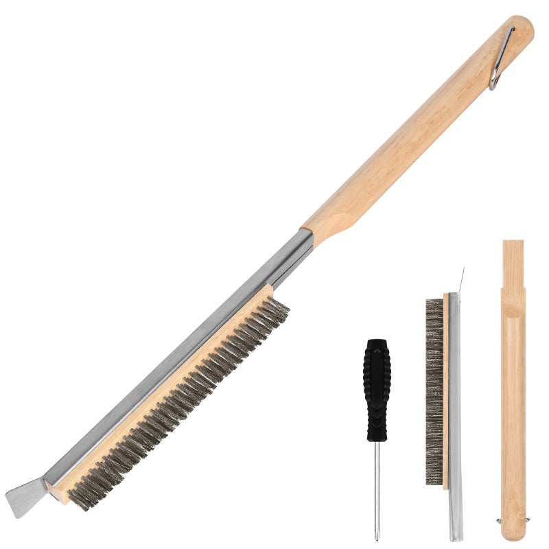 Aolso Pizza Oven Brush 21 Brush and Stainless Steel Scraper for Pizza Stone BBQ Grill Cleaning Brush Non Scratch Heat Proof Stainless Steel Bristles with Screwdriver for Pizza Oven Accessories