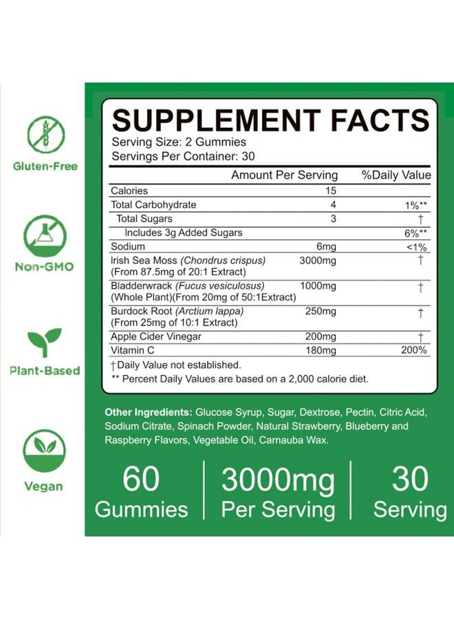 VIFSSG Sea Moss Gummies, 3000Mg Irish Seamoss Gummy Vegan for Adults & Kids with Organic Bladderwrack, Burdock Root and Apple Cider Vinegar Supplement 60 Gummies Pack of 1 - Image 5