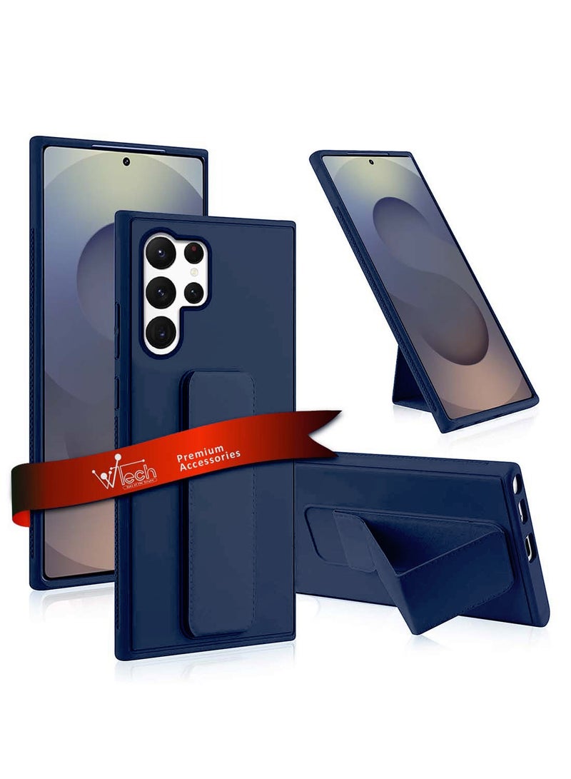 Wtech Samsung Galaxy S25 Ultra 2025 Hand Grip Foldable Magnetic Kickstand Wrist Strap Finger Grip With Built-In Iron Case Cover - Navy Blue - Image 1