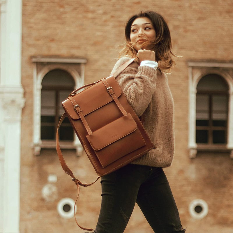ECOSUSI Laptop Backpack for Women PU Leather Backpack Vintage for Laptop 15.6 inches Computer Bag College Bookbag, Brown - Image 3