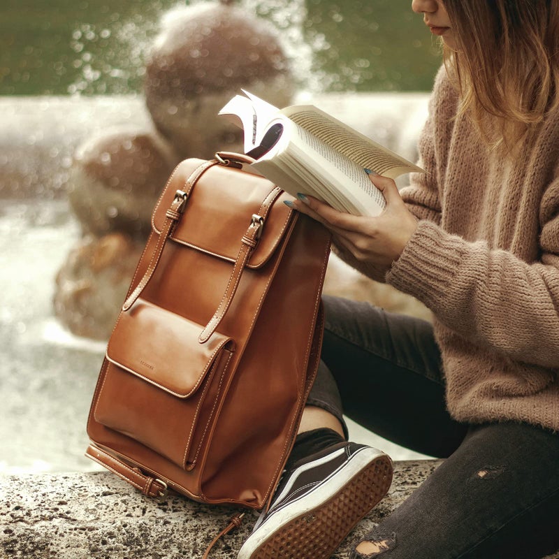 ECOSUSI Laptop Backpack for Women PU Leather Backpack Vintage for Laptop 15.6 inches Computer Bag College Bookbag, Brown - Image 2