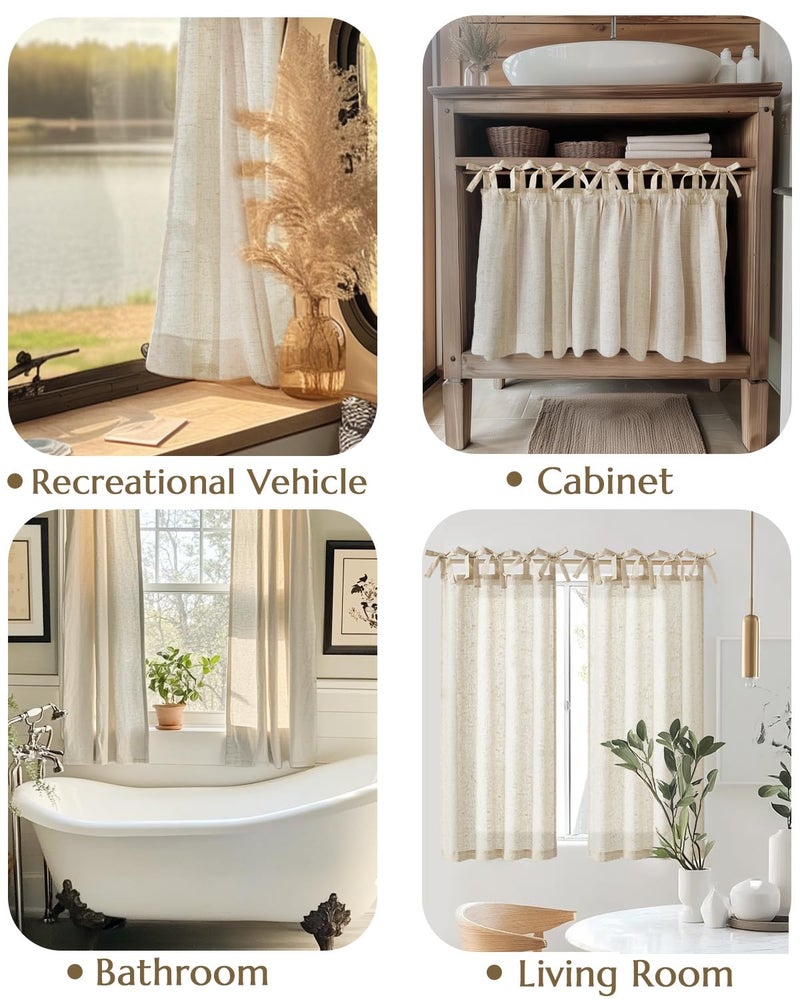 jinchan Tie Top Linen Kitchen Curtains Over Sink 36 Inch Length Tier Curtains Farmhouse Rustic Small Cafe Curtain for Bedroom Living Room Bathroom Half Window Light Filtering Privacy 2 Panels Crude - Image 3