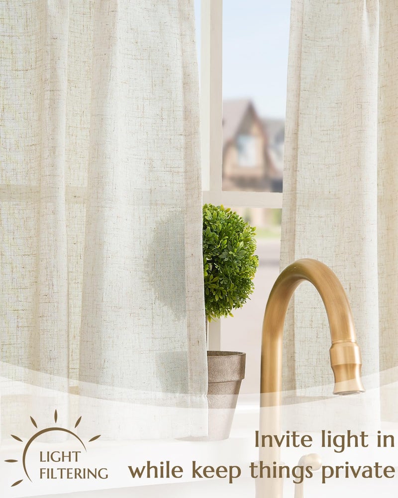 jinchan Tie Top Linen Kitchen Curtains Over Sink 36 Inch Length Tier Curtains Farmhouse Rustic Small Cafe Curtain for Bedroom Living Room Bathroom Half Window Light Filtering Privacy 2 Panels Crude - Image 4