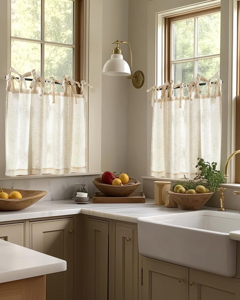 jinchan Tie Top Linen Kitchen Curtains Over Sink 36 Inch Length Tier Curtains Farmhouse Rustic Small Cafe Curtain for Bedroom Living Room Bathroom Half Window Light Filtering Privacy 2 Panels Crude - Image 2