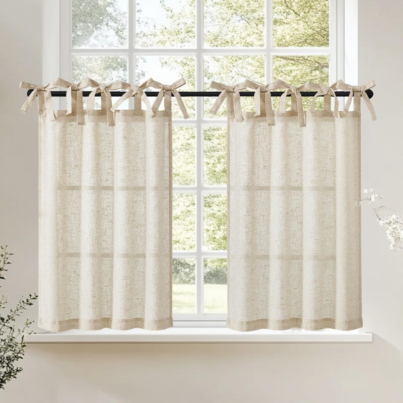 jinchan Tie Top Linen Kitchen Curtains Over Sink 36 Inch Length Tier Curtains Farmhouse Rustic Small Cafe Curtain for Bedroom Living Room Bathroom Half Window Light Filtering Privacy 2 Panels Crude - Image 1
