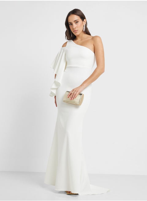 One Shoulder Ruffled Sleeved Dress