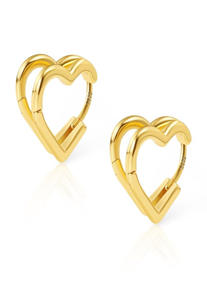 ALEXCRAFT Heart Hoop Earrings for Women, 925 Sterling Silver Huggie Hoop Hypoallergenic Elegant Lightweight Silver Small Cartilage Double Heart Shape Earrings for Women, Brass, No Gemstone - Image 1