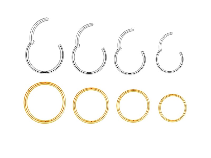 HQLA 4Pairs 18G Surgical Steel Hinged Clicker Segment Nose Rings Hoop Helix Cartilage Daith Tragus Sleeper Earrings Body Piercing for Women Men 6mm 8mm 10mm 12mm (18G - Steel/Gold - 6mm-12mm -8Pcs)