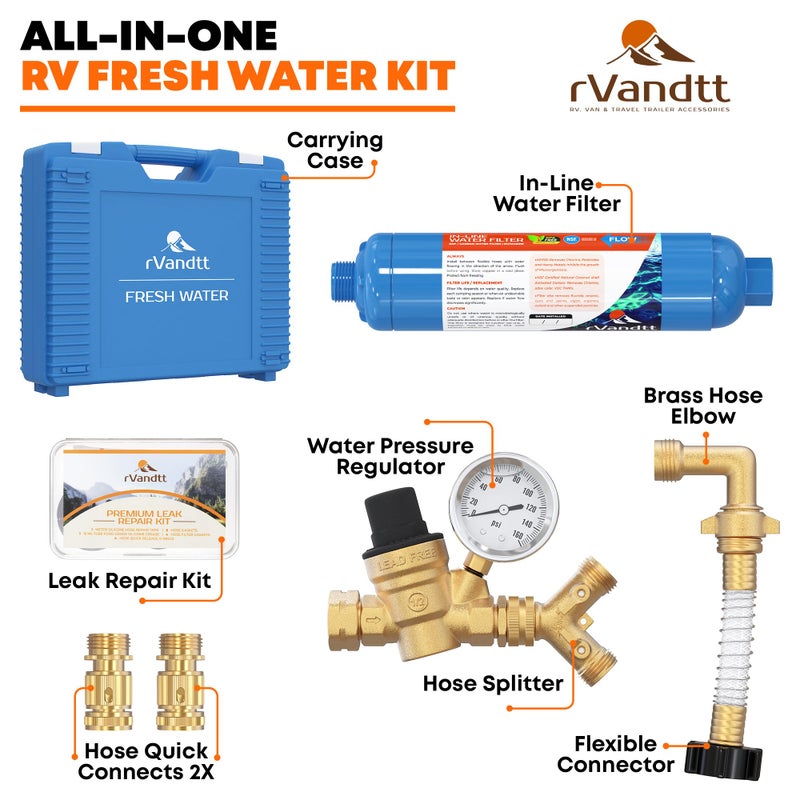 rVandtt RV Fresh Water Kit - RV Water Pressure Regulator, Inline Water Filter, Hose Splitter, Brass Elbow, Flexible Connector, Hose Quick Connects, Leak Repair Kit, and Carrying Case - Image 2