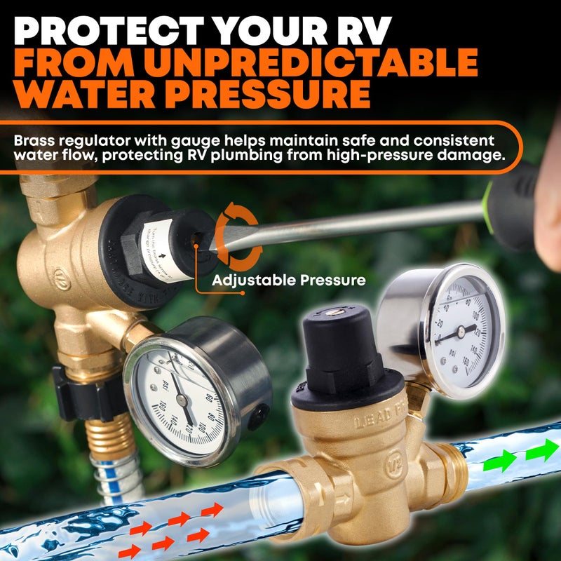 rVandtt RV Fresh Water Kit - RV Water Pressure Regulator, Inline Water Filter, Hose Splitter, Brass Elbow, Flexible Connector, Hose Quick Connects, Leak Repair Kit, and Carrying Case - Image 5