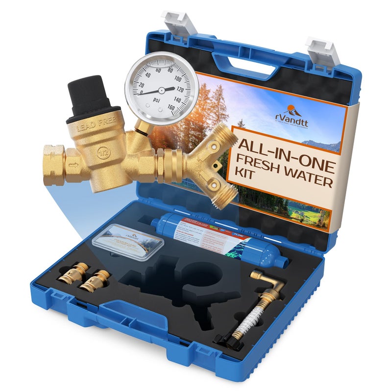 rVandtt RV Fresh Water Kit - RV Water Pressure Regulator, Inline Water Filter, Hose Splitter, Brass Elbow, Flexible Connector, Hose Quick Connects, Leak Repair Kit, and Carrying Case - Image 1