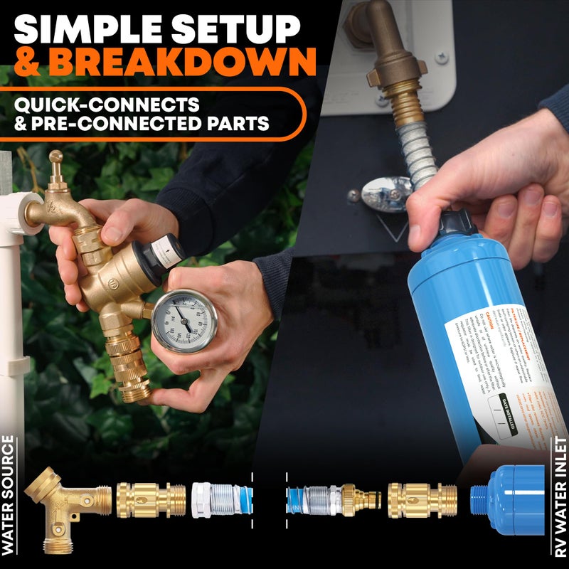 rVandtt RV Fresh Water Kit - RV Water Pressure Regulator, Inline Water Filter, Hose Splitter, Brass Elbow, Flexible Connector, Hose Quick Connects, Leak Repair Kit, and Carrying Case - Image 3