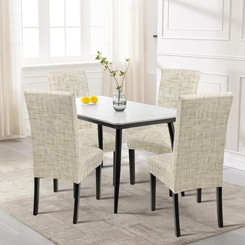 SearchI Dining Room Chair Covers Set of 6 Stretch Printed Parsons Chair Slipcovers Removable Washable Kitchen Chair Protector Cover for Dining Room Hotel Ceremony Beige LinenLook Print - Image 3