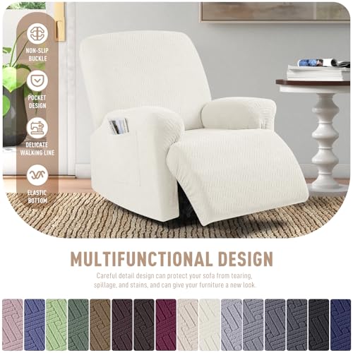 KinCam Recliner Covers, Stretch Reclining Chair Covers, Recliner Sofa Slipcovers Stripe Jacquard Recliner Couch Covers Furniture Protector Covers for Pet Kid (1 Seater, Cream) - Image 4