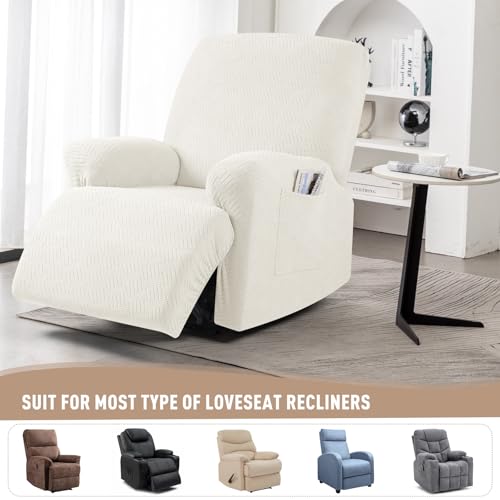 KinCam Recliner Covers, Stretch Reclining Chair Covers, Recliner Sofa Slipcovers Stripe Jacquard Recliner Couch Covers Furniture Protector Covers for Pet Kid (1 Seater, Cream) - Image 5