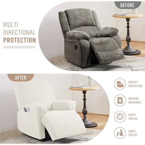KinCam Recliner Covers, Stretch Reclining Chair Covers, Recliner Sofa Slipcovers Stripe Jacquard Recliner Couch Covers Furniture Protector Covers for Pet Kid (1 Seater, Cream) - Image 3