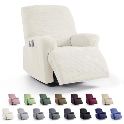 KinCam Recliner Covers, Stretch Reclining Chair Covers, Recliner Sofa Slipcovers Stripe Jacquard Recliner Couch Covers Furniture Protector Covers for Pet Kid (1 Seater, Cream) - Image 1
