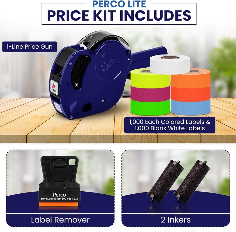Perco Lite 1 Line Price Gun with Labels Kit - Includes 1 White Roll, 6 Multicolored Rolls, 2 Ink Rollers, 1 Ink roll and Labels Pre-Loaded - Image 2