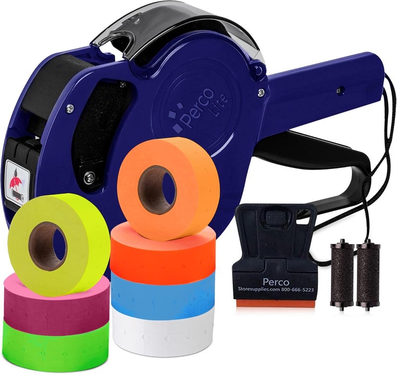 Perco Lite 1 Line Price Gun with Labels Kit - Includes 1 White Roll, 6 Multicolored Rolls, 2 Ink Rollers, 1 Ink roll and Labels Pre-Loaded - Image 1
