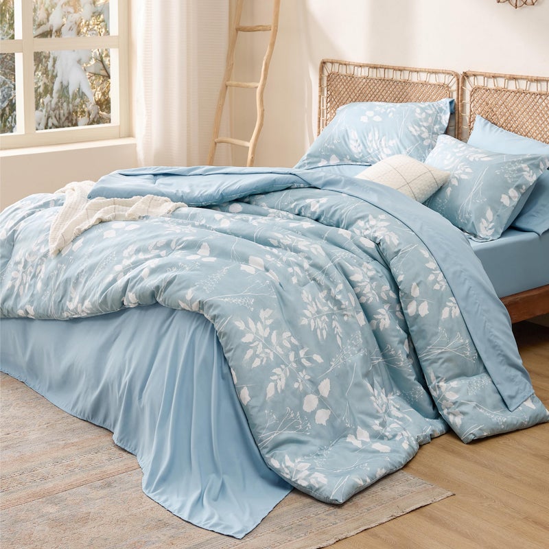 Bedsure Sky Blue Queen Comforter Set  7 Pieces Floral Bedding Sets Queen Bed in a Bag with Reversible Botanical Flowers Comforter Sheets Pillowcases  Shams