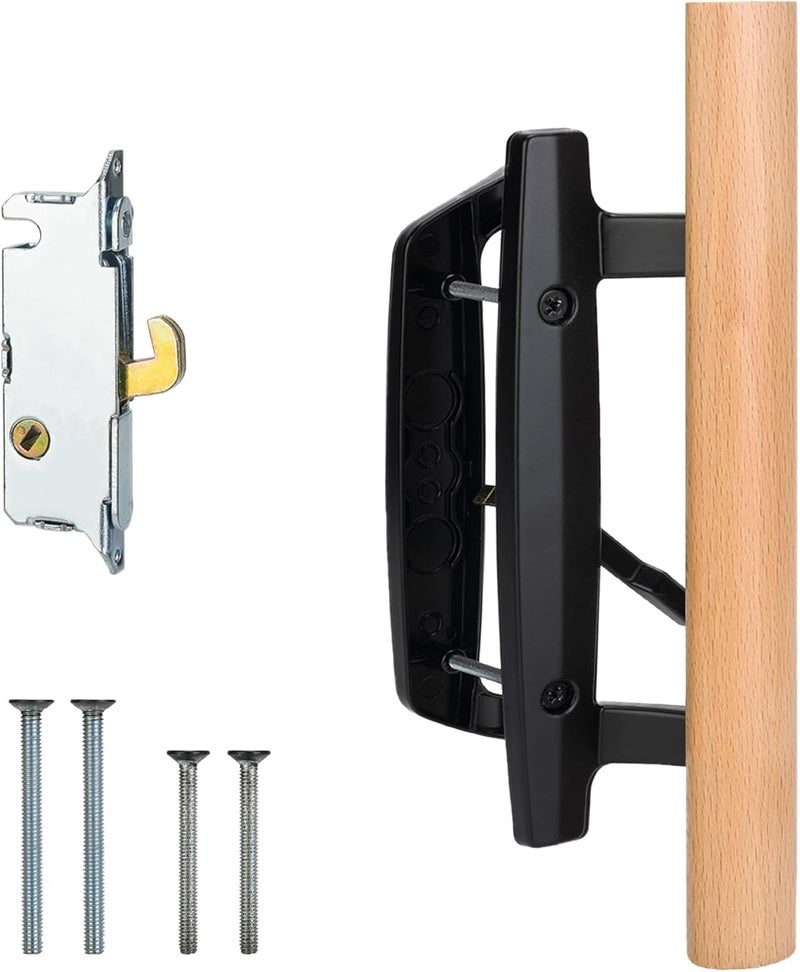 HILLMASTER Patio Sliding Door Handle Set with Mortise Lock 45°,Mortise Style Reversible Design Non-keyed Sliding Patio Glass Door Handles Patio Door Lock,Fits 3-15/16"Screw Hole Spacing Black Finish - Image 1