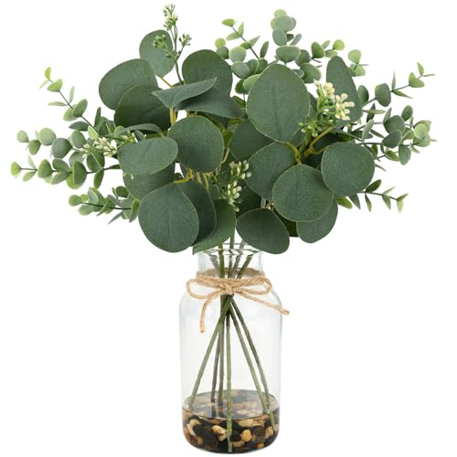 MACTING Artificial Eucalyptus Stems in Glass Vase with Faux Water Stones 14" Artificial Plants Indoor Eucalyptus Leaves for Table Centerpieces Bathroom Shelf Farmhouse Wedding Home Decorations - Image 1