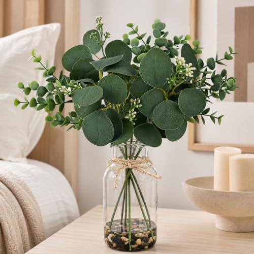 MACTING Artificial Eucalyptus Stems in Glass Vase with Faux Water Stones 14" Artificial Plants Indoor Eucalyptus Leaves for Table Centerpieces Bathroom Shelf Farmhouse Wedding Home Decorations - Image 2