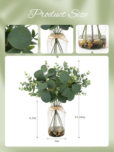 MACTING Artificial Eucalyptus Stems in Glass Vase with Faux Water Stones 14" Artificial Plants Indoor Eucalyptus Leaves for Table Centerpieces Bathroom Shelf Farmhouse Wedding Home Decorations - Image 3