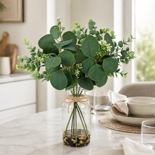 MACTING Artificial Eucalyptus Stems in Glass Vase with Faux Water Stones 14" Artificial Plants Indoor Eucalyptus Leaves for Table Centerpieces Bathroom Shelf Farmhouse Wedding Home Decorations - Image 4