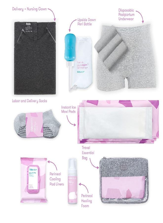 frida mom Frida Mom Hospital Packing Kit for Labor, Delivery, & Postpartum | Nursing Gown, Socks, Peri Bottle, Disposable Underwear, Ice Maxi Pads, Pad Liners, Perineal Foam, Toiletry Bag (15 PIECE GIFT SET)  - Image 3