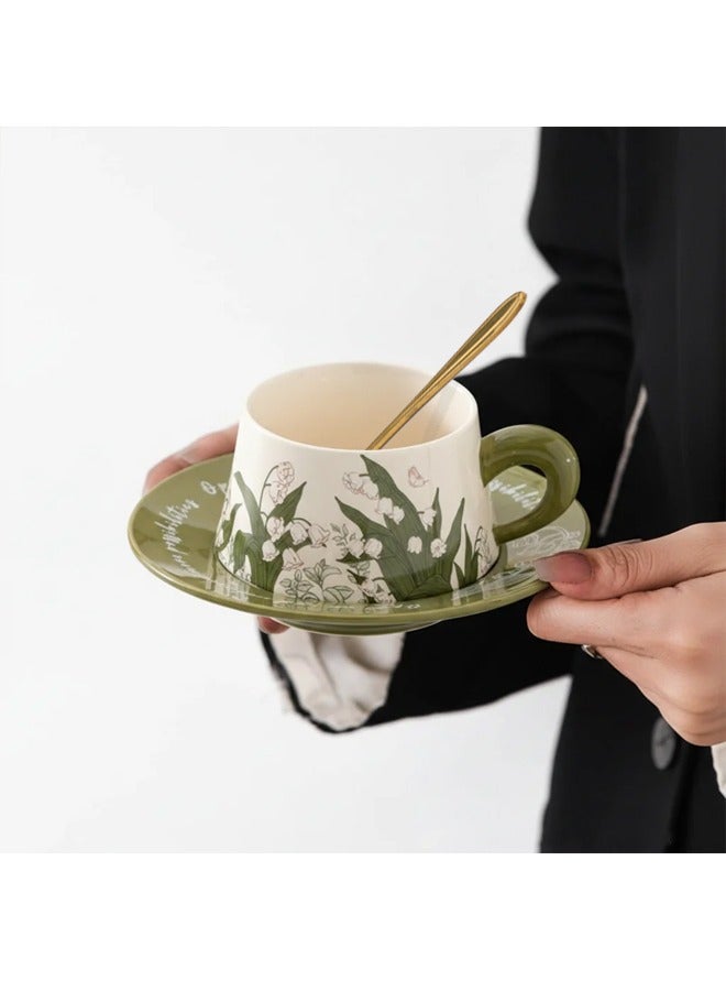 بوفان مجموعة أكواب قهوة بنمط زهور عتيقة سعة 9 أونصة، هدايا صداقة وأعياد ميلاد للنساء، كوب سيراميك سميك للكابتشينو واللاتيه والكاكاو، آمن للاستخدام في غسالة الأطباق والميكروويف، كوب وصحن شاي - Image 1