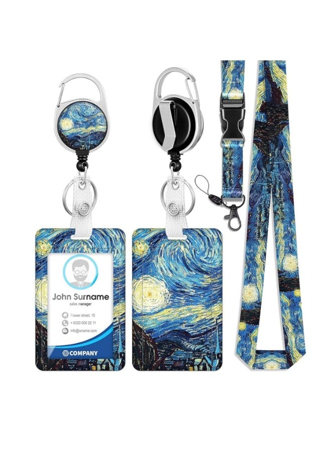 LEBOCADO ID Card Holder, Retractable Badge Holder Set With Breakaway Lanyard And Vertical ID Card Case, Starry Night Style Protective Name Tag Keychain For Nurses, Teachers And Office Workers - Image 1