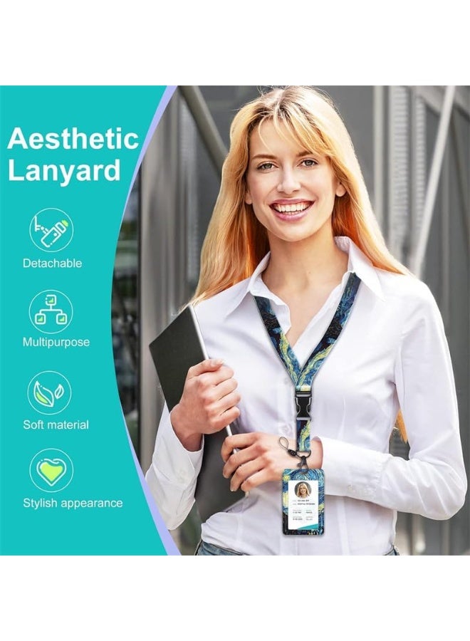 LEBOCADO ID Card Holder, Retractable Badge Holder Set With Breakaway Lanyard And Vertical ID Card Case, Starry Night Style Protective Name Tag Keychain For Nurses, Teachers And Office Workers - Image 4