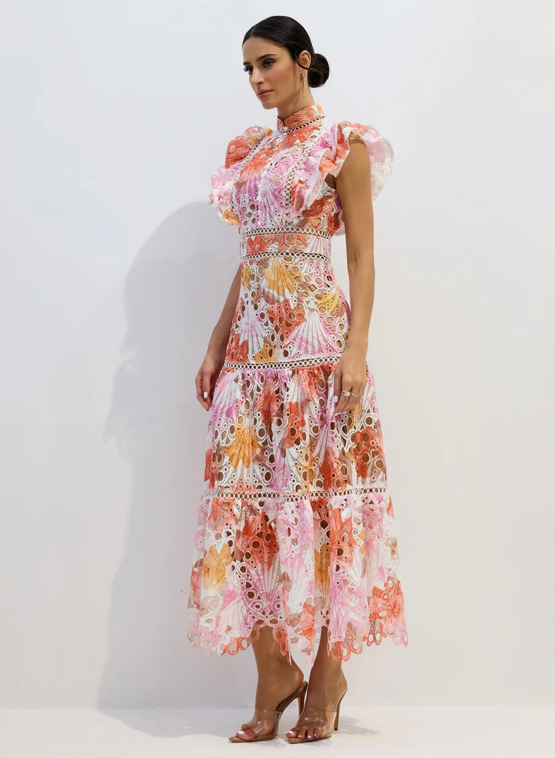 Sunfere Hilda Print Lace Embroidered Maxi Dress