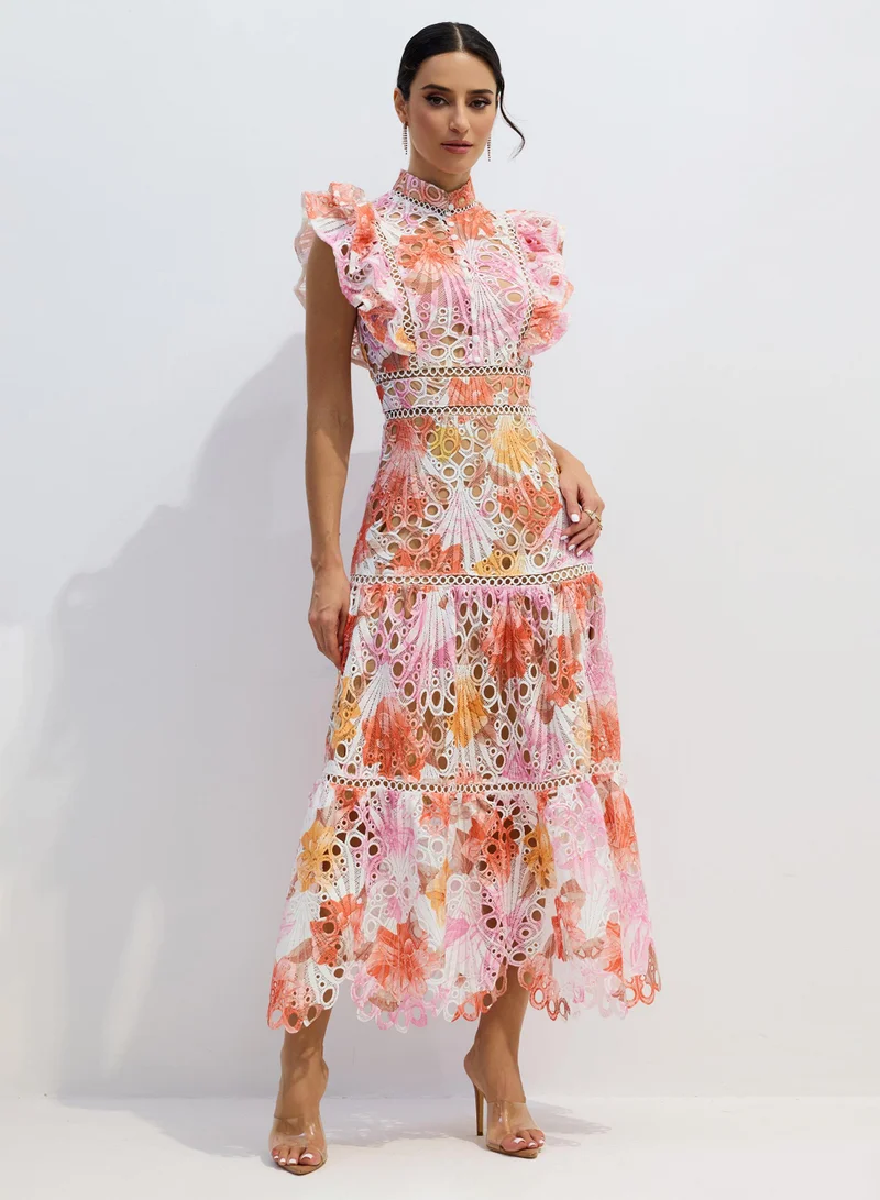 Sunfere Hilda Print Lace Embroidered Maxi Dress