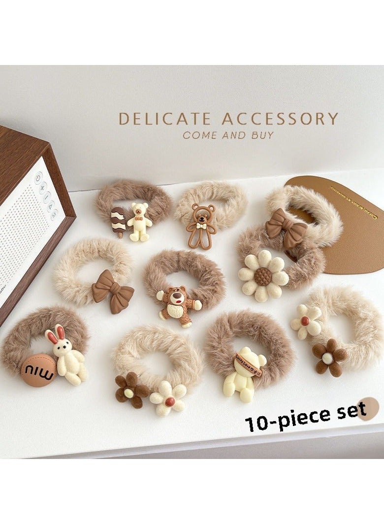 Goolsky 10PC Coffee Plush Hair Elastic Ties Cartoon Flower Beige Hair Scrunchies Coffee Color Heart Soft Ponytail Holder Hair Tie Cute Bear Hair Band Bowknot Hair Rope Cute Hair Accessories - Image 1
