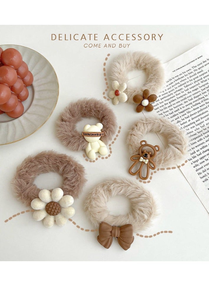 Goolsky 10PC Coffee Plush Hair Elastic Ties Cartoon Flower Beige Hair Scrunchies Coffee Color Heart Soft Ponytail Holder Hair Tie Cute Bear Hair Band Bowknot Hair Rope Cute Hair Accessories - Image 2