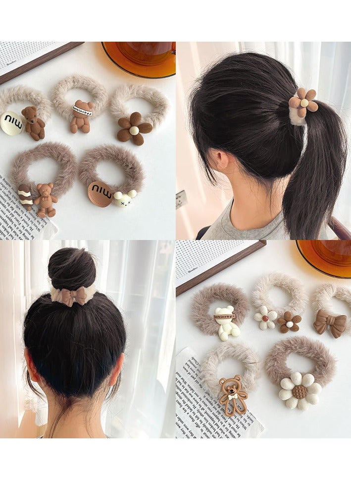 Goolsky 10PC Coffee Plush Hair Elastic Ties Cartoon Flower Beige Hair Scrunchies Coffee Color Heart Soft Ponytail Holder Hair Tie Cute Bear Hair Band Bowknot Hair Rope Cute Hair Accessories - Image 4