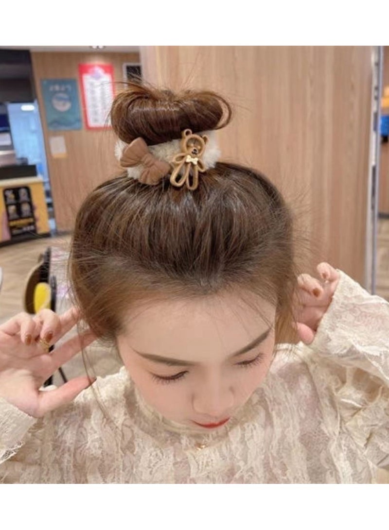 Goolsky 10PC Coffee Plush Hair Elastic Ties Cartoon Flower Beige Hair Scrunchies Coffee Color Heart Soft Ponytail Holder Hair Tie Cute Bear Hair Band Bowknot Hair Rope Cute Hair Accessories - Image 3