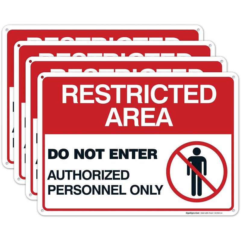 Restricted Area Do not Enter Authorized Personnel Only Graphic Sign 4 Pack 10x14 Inches Rust Free 040 Aluminum Fade Resistant Made in USA by Sigo Signs
