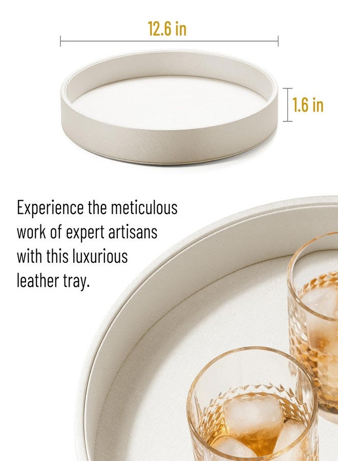 ATZYmolin Round Serving Tray, Home Decorative LeatherOttoman Wooden Decor Platter Bathroom Vanity Tray for All Occasions Anti Slip White - Image 4