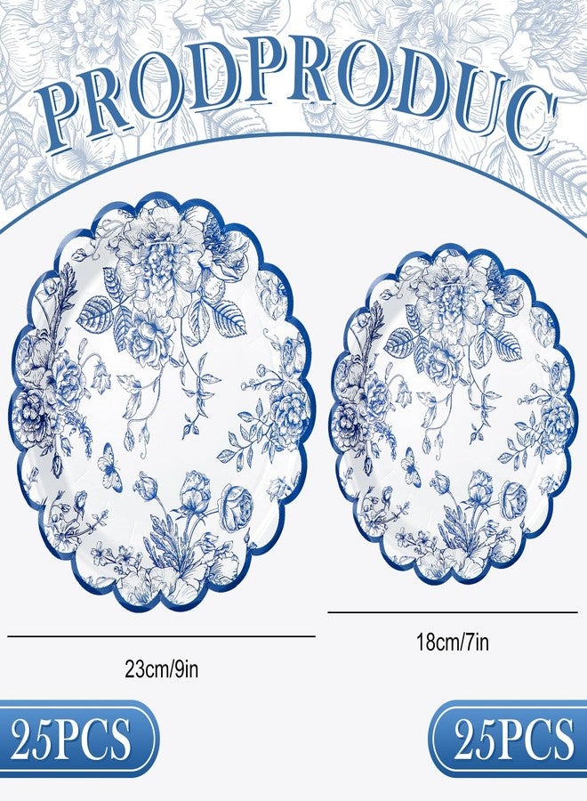 JarThenaAMCS 50Pcs Blue and White Floral Paper Plates Chinoiserie Vintage Flowers Scalloped Disposable Plates Decorative Dinner Plates for Birthday Baby Shower Wedding Table Decor - Image 2